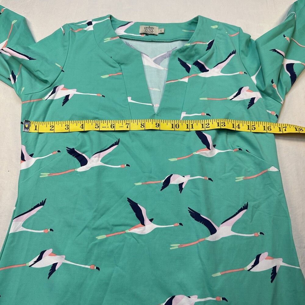 Katherine Way Flamingo Print Shift Dress Womens Small Aqua Turquoise Knee Length - Picture 6 of 6